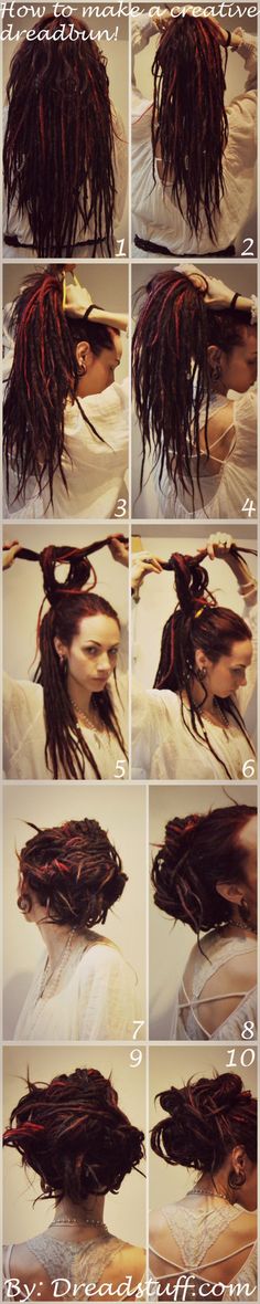 How to create a creative dreadlock bun! Updos For Dreadlocks, Dreadlock Space Buns, How To Style Dreads, Dread Hair