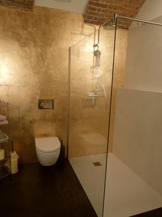 a bathroom with a toilet, shower and stand up shower stall in the middle of it