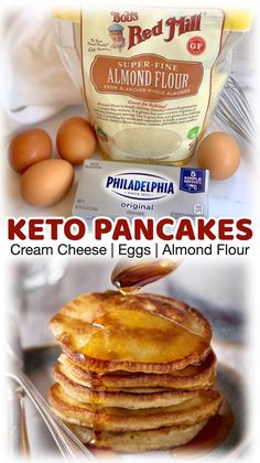 These 3 simple ingredients come together like magic to make a classic breakfast that you don’t have to feel guilty about! Top them with a sugar-free syrup or pureed berries. Yum! They are absolutely delightful, especially when you’re used to eating scrambled eggs EVERY dang morning. It's my new favorite keto breakfast recipe! Best Keto Pancakes, Low Carb Pancake Recipe, Best Keto Breakfast, Low Carb Pancakes, Sugar Free Recipes Desserts, Keto Pancakes, Sugar Free Low Carb, Classic Breakfast, Sugar Free Syrup