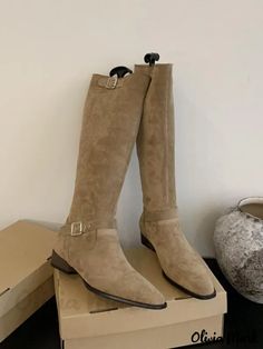 Olivia Mark - Khaki Suede Knee High Buckle Flat Riding Boots Khaki Boots, Flat Riding Boots, Thigh High Boots Flat, Suede Knee High Boots, Fall Winter Shoes, Black Suede Flats, Chunky Heel Ankle Boots, Buckled Flats, Suede Boots Knee High