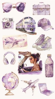 watercolor and ink drawings of various items in purple