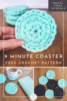 crochet coasters with text that reads 9 minute coaster pattern