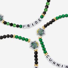 Accessorize and maximize your fandom while impressing your friends with this Slytherin™ Harry Potter™ 3 Pack Friendship Bracelet. These matching friendship bracelets have an all-over design and thematic displays, which makes them the perfect way to show your love for Harry Potter™ and get in on the latest accessory craze. Every bead bracelet design is the perfect addition to your outfit, whether you’re out and about, watching TV at home, or just hanging out with friends. With thematic word displ Matching Friendship Bracelets, Harry Potter 3, Slytherin Harry, Slytherin Harry Potter, Friendship Bracelets With Beads, Beads Bracelet Design, Bracelet Design, Watching Tv, Friendship Bracelet