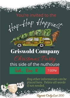 a christmas party flyer with a car and trees on it