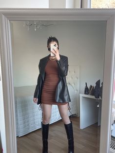 Leather Jacket On Dress, Brown Dress Leather Jacket, Brown Dress Outfit Aesthetic, Formal Dress With Leather Jacket, Dress With Leather Jacket And Boots, Brown Dress With Black Boots, Brown Dress With Jacket, Leather Winter Outfit, Black Leather Jacket With Dress