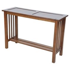 a wooden console table with glass top