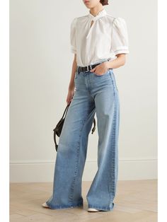 Palazzo Jeans Outfit, 70s Silhouette, Palazzo Jeans, Net Sustain, Light Blue Jeans, Jeans Outfit, Cropped Tee, Wide Legs, Suede Jacket