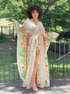 Beige Long Sleeve Tie-front Multicolor Floral Print Sheer Chiffon Kimono Maxi Kaftan Dress Material: Chiffon Color: Multi Pattern Type: Floral Fabric: Fabric has no stretch Chiffon Kaftan, Ankara Maxi Dress, Kimono Maxi Dress, Beige Long Sleeve, Maxi Kaftan, Chiffon Kimono, Maxi Cardigan, Ankara Dress, Clothing Designs