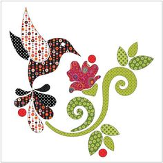 two birds sitting on top of each other next to leaves and flowers with polka dots