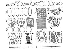 a drawing of various shapes and sizes on a white background with lines, circles, and rectangles