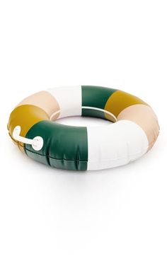 an inflatable life preserver is shown on a white background with green and yellow stripes