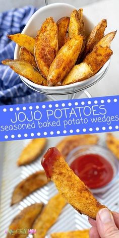 potato wedges with ketchup on top and seasoned baked potato wedges in the bottom