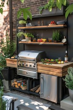 an outdoor kitchen with grill, shelves and potted plants on the outside patio area