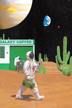 an astronaut walking across a desert near a green building with a sign that says galaxy coffee