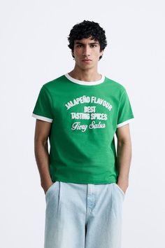 Men´s T-shirts | Explore our New Arrivals | ZARA United Kingdom Zara Tshirt, Crochet Coat, Crochet Shirt, Short Suit, Skorts, T-shirt Polos, Blazer Dress, Trouser Jeans, Bright Green