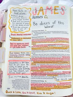 an open bible with some writing on the pages and words in pink, yellow, and orange