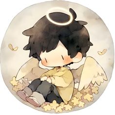 an angel sitting on top of a pile of flowers next to a white circle with black wings