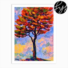 a painting of a colorful tree with blue sky in the background