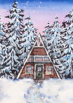 a painting of a cabin in the snow