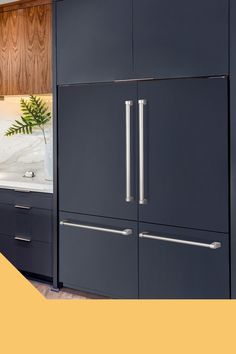 an image of a kitchen setting with black cabinets and stainless steel appliances in the background