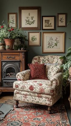 a living room filled with furniture and lots of pictures on the wall above it's fireplace