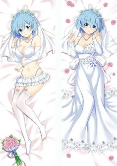 two pictures of the same woman in white dresses and blue hair, one is wearing a wedding dress