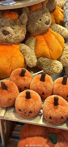 several stuffed pumpkins are on display in a store