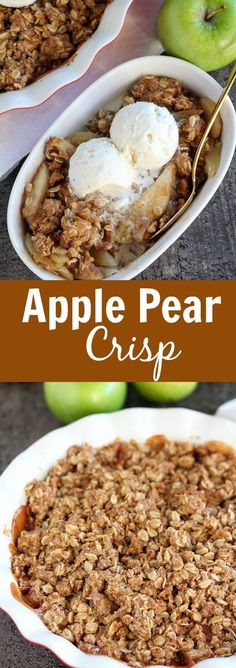 an apple pear crisp in a white dish