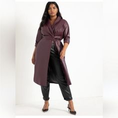 New With Tags. Burgundy Purple Size 28 Cropped Sleeve Maxi Length Belt Not Included New To Poshmark? Use Code Megwimb For $10 Off Tour First Order When You Sign Up For A New Account! Leather Dress Women, Eloquii Dress, Long Sleeve Ruffle Dress, Belted Wrap Dress, V Dress, Spring Coat, Leather Trench, Faux Leather Dress, Plus Size Maxi Dresses