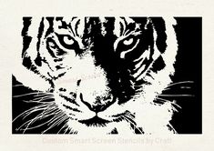 a black and white photo of a tiger's face with the words, custom smart screen stencils by craft