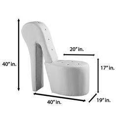 a white chair with measurements for the seat and footrests to be placed on