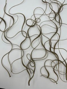 an abstract metal sculpture on a white surface with wavy lines in the form of waves