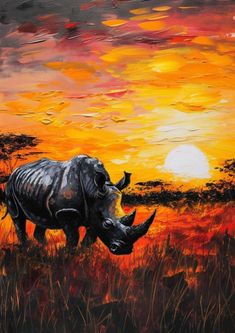 a painting of a rhinoceros grazing in the grass at sunset with an orange and yellow sky