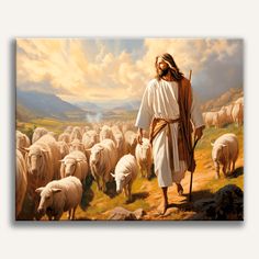 a painting of jesus walking with his flock