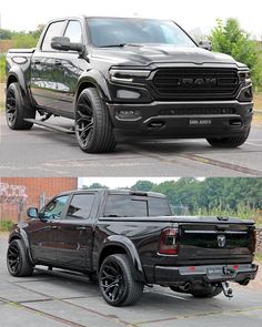 the front and back view of a black ram truck in two different photos, one is shown