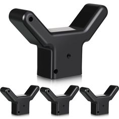 four pieces of black plastic furniture with one piece missing from the back and three different angles