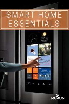 a woman pointing at a smart home appliance with the words smart home essentials on it