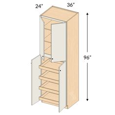 the measurements for an armoire cabinet with doors open and shelves on both sides,