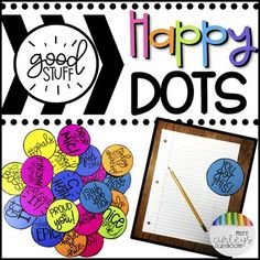 a poster with the words happy dots written on it and an image of a pile of buttons