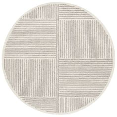 a round rug with white and grey stripes on the bottom, in front of a white background