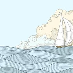 size: 12x12in Art Print: Retro Hand Draw Styled Sea with Clouds and Sailor Boat. Vector Illustration. by AlexeyZet : Entertainment Boat Vector, Sea Drawing, Boat Illustration, Boat Drawing, Sea Illustration, Arte Peculiar, Boat Art, Hand Draw, Vector Art Illustration