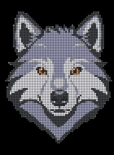 a pixellated image of a wolf's head with orange eyes and brown eyes