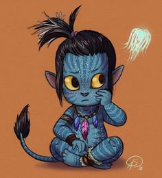 a drawing of a blue troll with yellow eyes and black hair sitting on the ground