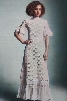 Crochet wedding dress pattern - To wear now and to pass on to the next generation as a family heirloom. This one is done in white, but would look equally pretty in a color. Body is worked in single and double crochet, chains, and picots. Front and back of dress are made by crocheting a large pyramid-shaped piece for each, which is then treated (cut and sewed) as "fabric" according to a pattern. Ruffled sleeves and hem are worked separately and then sewed on. YOU WILL RECEIVE: --- Pattern in ENGL Crochet Vintage Dress Pattern, Crochet Flare Dress, Crochet Lace Dress Pattern, Crochet Chains, Vintage Crochet Dress, Crochet Wedding Dress, Crochet Wedding Dress Pattern, Wedding Dress Pattern, Carolina Dress