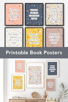 the printable book posters are on display in front of a white wall and wooden dresser