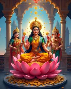 an image of goddess sitting on top of a lotus flower with three other deities in the background