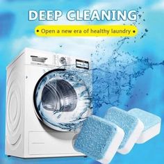 a washing machine with two sponges next to it and the words deep cleaning open a new era of healthy laundry