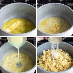 four pictures showing how to make macaroni and cheese