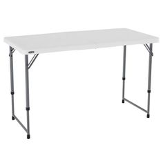 a white folding table with black legs on a white background, viewed from the front