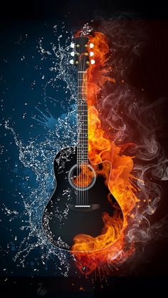 an acoustic guitar on fire and water